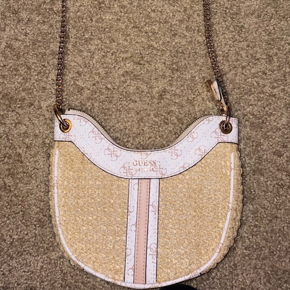 Guess Beige and White Woven Shoulder Bag